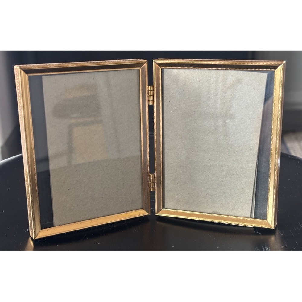 Vintage Brass Double Folding Picture Frame Hinged 3x4 Tabletop Mid Century